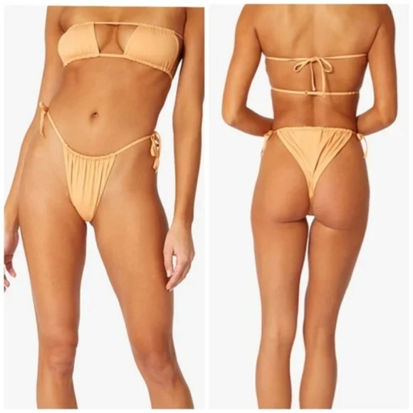 WeWoreWhat Ruched Bandeau Top High Leg Tie Side Bikini Bottoms Gold - Picture 6 of 8